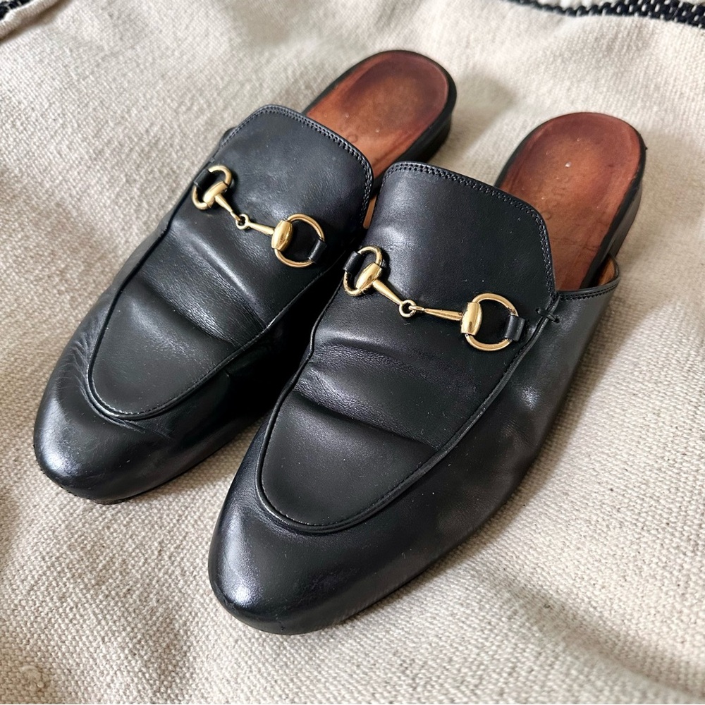 Authentic GUCCI Princetown Horsebit Leather Mules  Flats Size 38 Black